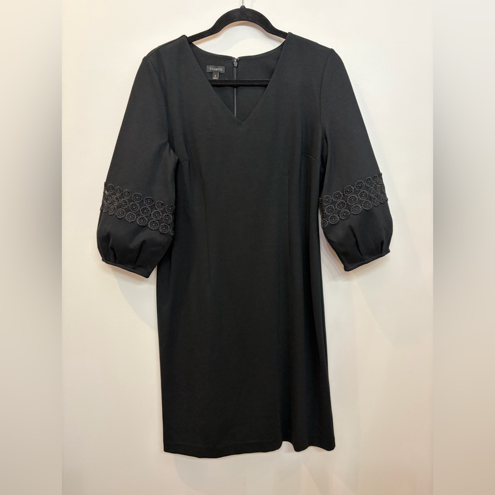 TALBOTS Little Black Ponte Sheath Dress Puff Sleeves Lace Size 8